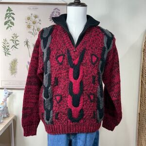 Vintage 80s 90s 1/4 Zip Chunky 3D Knit Heavy Pullover Sweater Grunge Retro M